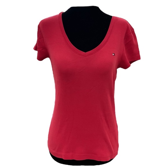 Tommy Hilfiger Deep Red Vintage V-Neck Short Sleeved T-Shirt/Hilfiger Logo - Picture 1 of 6
